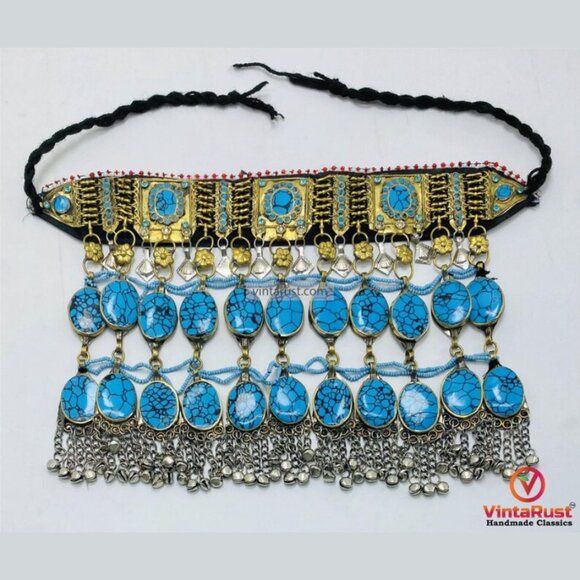 Turquoise Stone Afghan Choker: Tribal Kuchi Jewelry Statement Necklace - Picture 6 of 7
